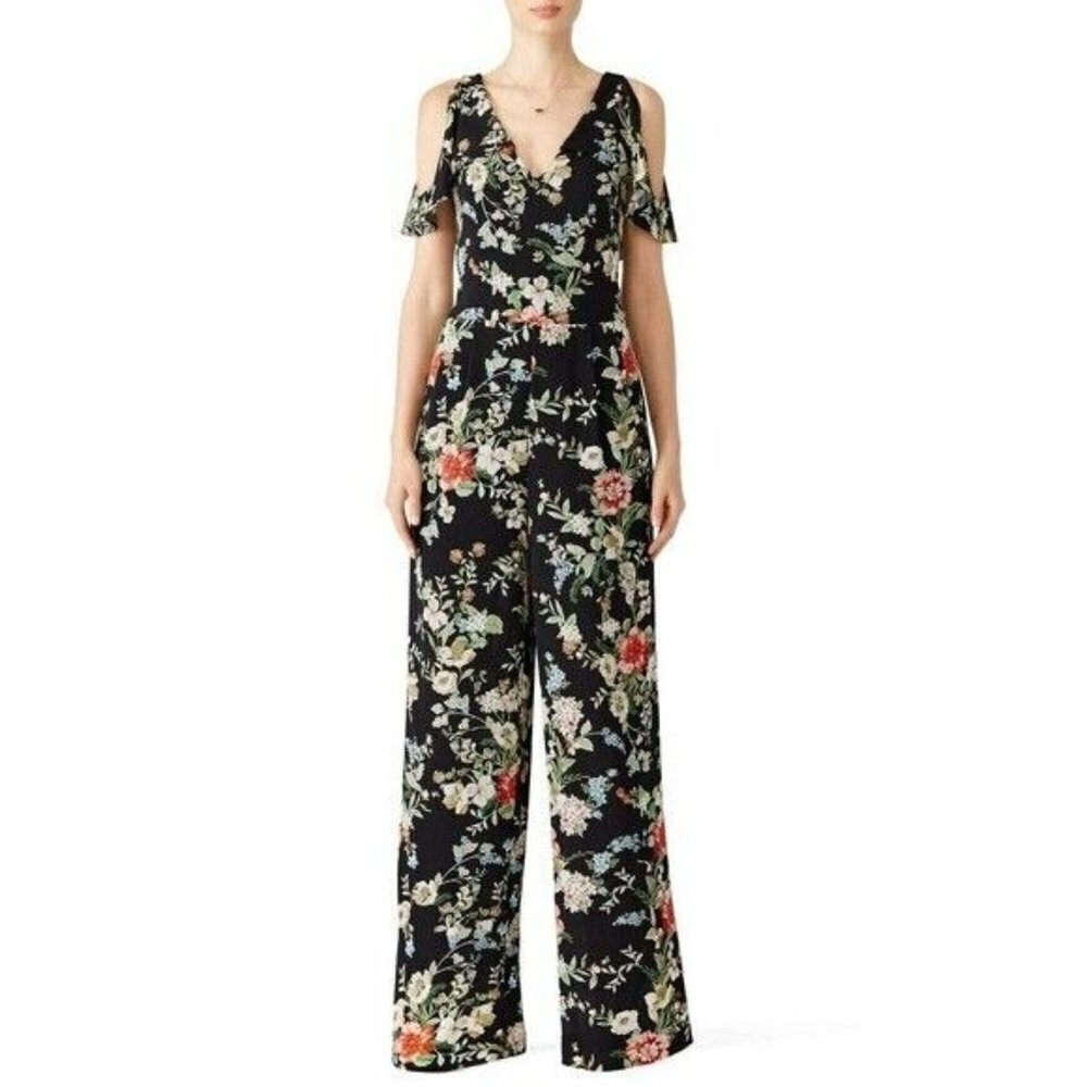 Slate & Willow Black Floral Cold Shoulder Jumpsuit Size 6